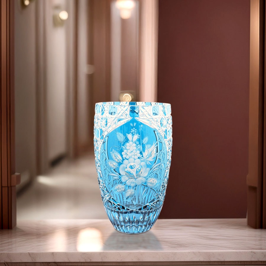 マイセンクリスタル 色被せ花瓶 「ロンドンフラワー」 (ライトブルー) LF/2/26LB