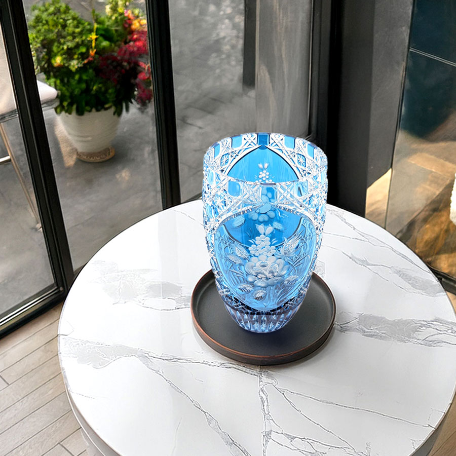 マイセンクリスタル 色被せ花瓶 「ロンドンフラワー」 (ライトブルー) LF/2/26LB