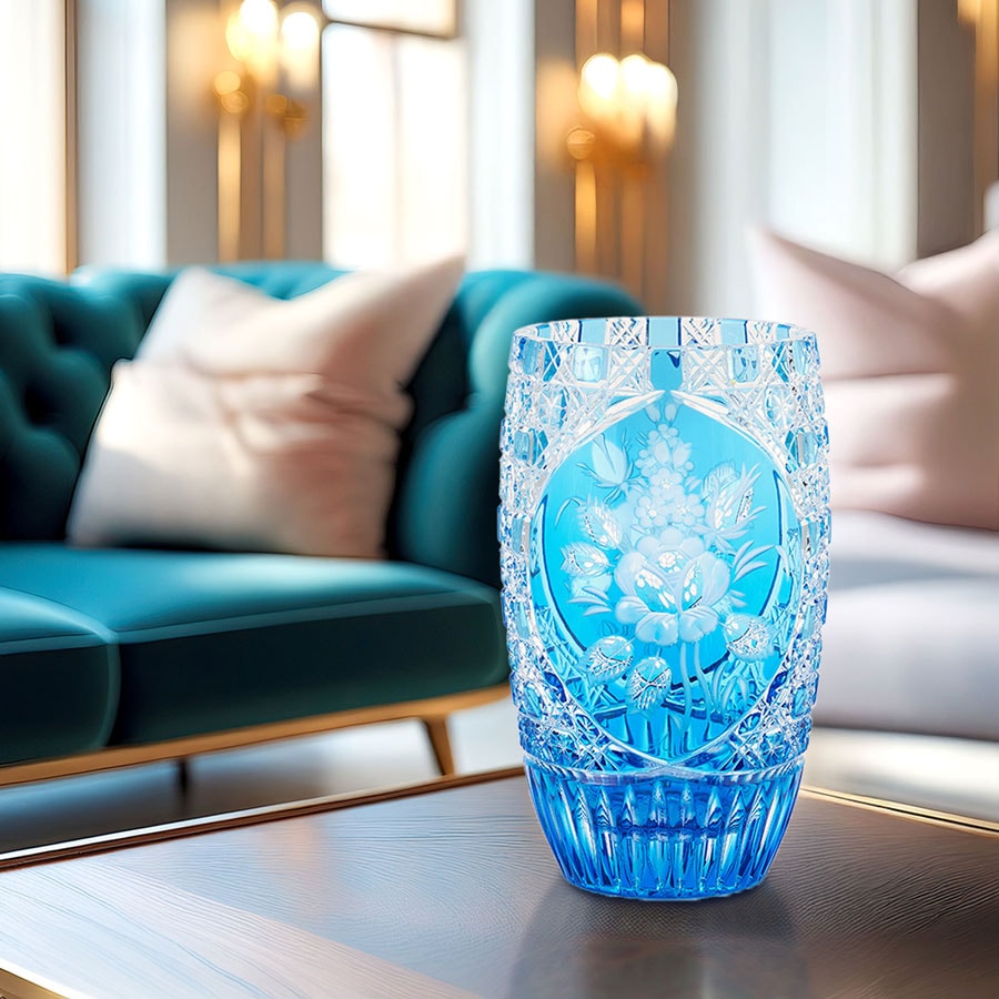 マイセンクリスタル 色被せ花瓶 「ロンドンフラワー」 (ライトブルー) LF/2/26LB