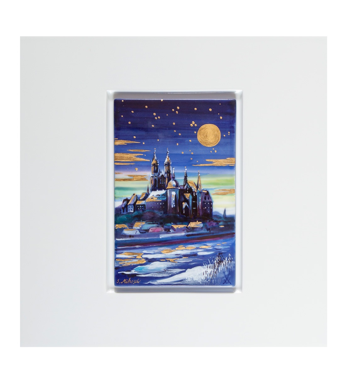 ✨希少✨ Meissen 陶板画 プラーク 冬の風景 ライプティヒ 冬 橋 マイセン プラーク「月夜のアルブレヒト城」 9M506/934055 | プラーク