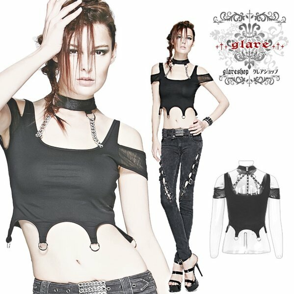 Glareshop グレアショップ 公式ストア ゴスロリ Glareshop グレアショップ M Xl Tx308 ゴスロリ パンク ネックチェーン繋ぎ 半袖 Tシャツ トップス 黒 レディース ゴスロリ ゴシック パンク ロック ファッション スチームパンク ヴィジュアル系 V系 モード系