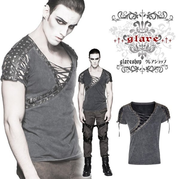 Glareshop グレアショップ 公式ストア セール Glareshop グレアショップ M M M Xl M 3xl Tx4 ゴスロリ 独特なｖネックレースアップデザイントップス 黒 メンズ ゴスロリ ゴシック パンク ロック ファッション スチームパンク ヴィジュアル系 V系