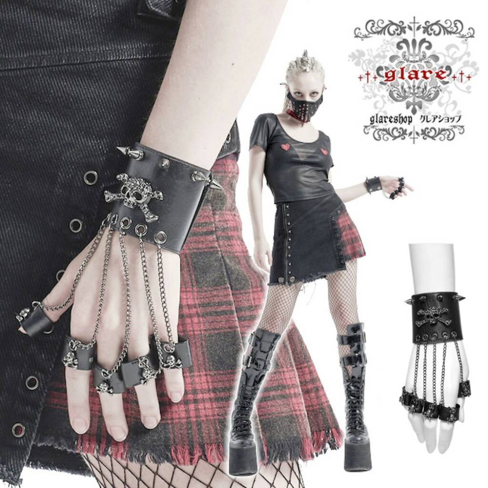 glareshop ���쥢����åס�F��Zt034-B�������ע��������� �ѥ� ������� ���������դ� �ѥ� �֥쥹��å� �� ��ǥ����� | ��������ѥ� �������奢��� V�� �⡼�ɷ� �����ץ� ���ơ��� ���� �� [PUNK RAVE] Punk Skull Rivet Leather Bracelet with Finger Rings