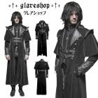 glareshop グレアショップ「M.S-M.5XL」JX286-B■ミリタリー コート ロング丈 マント付きコート ゴシック 中世 貴族 異素材 ダマスク柄 ダスターコート 黒 ブラック メンズ 