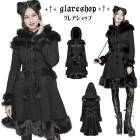 glareshop グレアショップ「XS-5XL」JX108-B■ゴスロリ コート ミドル丈 ロリータレース装飾フード付きゴシックコート 冬コート 黒 ブラック レディース | ゴシックファッション 