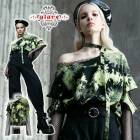 glareshop グレアショップ「S/L/2XL」TX916-N●ゴスロリレイヤード風アシンメトリネック メッシュスリーブス Tシャツ 緑×黒 レディース | ゴスロリ ゴシック パンク ロック フ