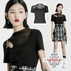 【glareshop グレアショップ】「S/L/2XL」TX926■ゴスロリ フェックレイヤード異素材 フロントカットアウト チェーン付き 半袖Tシャツ 黒 レディース | ゴスロリ ゴシック パンク