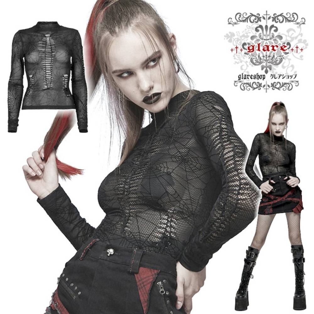 glareshop 쥢åסS/L/2XLTX993-Båץȥ֥ùT åȥ ȥåץ  ǥ | 奢 V ⡼ɷ ץ ơ   [PUNK RAVE] Gothic spider web printting perspective T-shirt