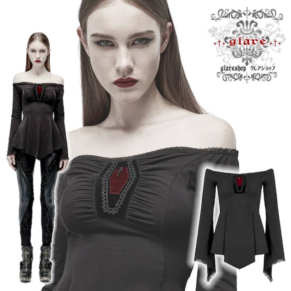 glareshop 쥢åסS/L/2XLTX991-B å   ե ץ󥷥 åȥ T ȥåץ  ǥ | 奢 V ⡼ɷ   [PUNK RAVE] Gothic Off-the-Shoulder Long Sleeve Irregular T-Shirt