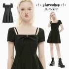 glareshop グレアショップ「XS-4XL」WX723■ゴスロリ ゴシック カジュアル ボウデコラティブ リボン スクエアネック ミニワンピース 黒 レディース | ゴスロリ ゴシック パンク 