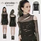 glareshop グレアショップ「S/L/2XL」TXA085-B■ゴスロリ パンク 異素材 ダメージ加工 メッシュ 長袖 ハイネック Tシャツ 黒 レディース | ヴィジュアル系 V系 モード系 