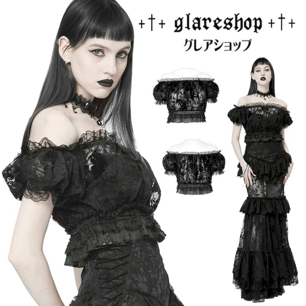 glareshop 쥢åסS/L/2XLTXA096-B 쥬 ե 졼 ѥµ 롼 åȥ 졼 ȥåץ  ǥ | å 饷 å  ơ   [PUNK RAVE] Gothic Flocking Mesh Lace Trim Short Top