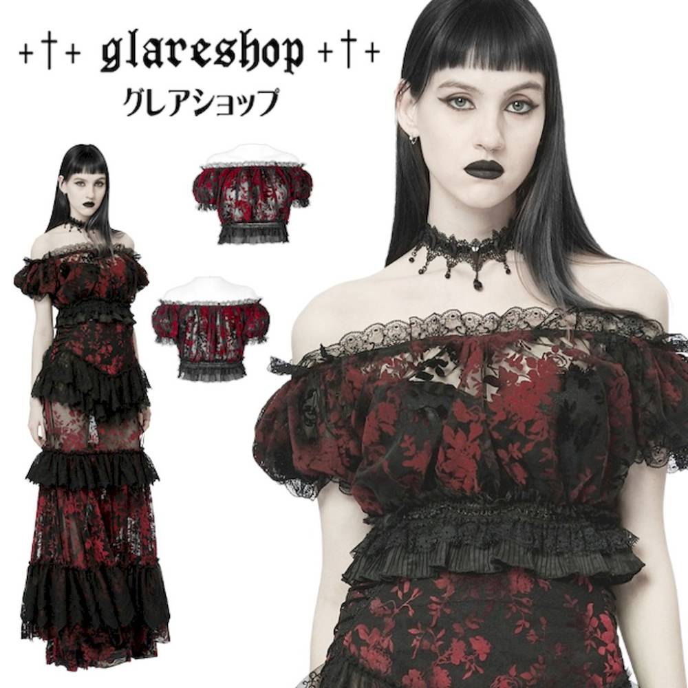 glareshop 쥢åסS/L/2XLTXA096-R 쥬 ե 졼 ѥµ 롼 åȥ 졼 ȥåץ  ǥ | å 饷 å  ⡼ɷ  [PUNK RAVE] Gothic Flocking Mesh Lace Trim Short Top