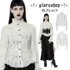 glareshop グレアショップ「XS-4XL」TXA099-W■ゴスロリ エレガント フリル レースアップ シースルー 立ち襟 パフ袖 ブラウス 白 レディース | ゴシック モード系 闇可愛い 