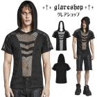 glareshop グレアショップ「M.M/M.XL/M.3XL」TXA122-B■パンンベルト装飾メッシュ異素材切替フード付きTシャツ パーカー 黒 メンズ | ゴスロリ ダーク パンクロック v系