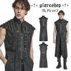 glareshop グレアショップ「M.S-M.5XL」KX519-B■パンク 退廃風 ウォッシュ加工 ツイルデニム ロングベスト 黒 メンズ | ロックファッション ダーク 個性的 サイバーパンク 
