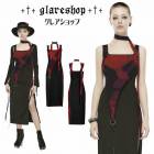 glareshop グレアショップ「XS-4XL」WX801-R■チャイナス風墨絵プリントツイル&メッシュアシンメトリー切替レイヤードスクエアネックサイドスリットドレス  赤×黒 レディース | ゴス