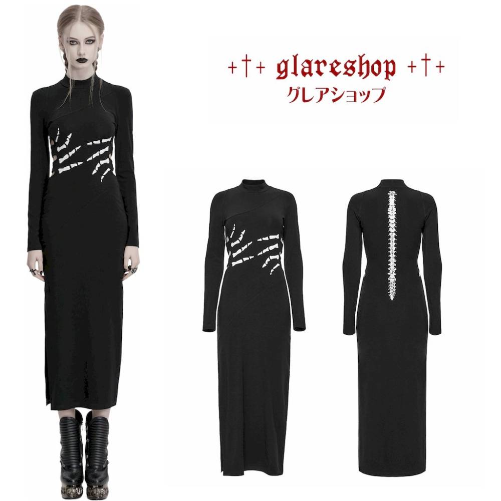 glareshop ���쥢����åס�S/L/2XL��WX940-B�������å�������ȥ�ץ��ȥϥ�����åȥ��󥰥ɥ쥹 �� ��ǥ����� | �������奢��� V�� �⡼�ɷ� �����ץ� ���ơ��� ���� �� [PUNK RAVE] Gothic Skeleton Printed High Slit Long Dress