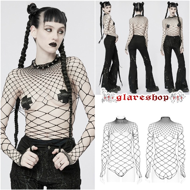 glareshop 쥢åסFTXA098-B å ϥͥå å ܥǥ ȥåץ åȥ  ǥ | 奢 V ⡼ɷ ץ ơ   [PUNK RAVE] Gothic One-Piece Mesh Long Sleeve T-Shirt