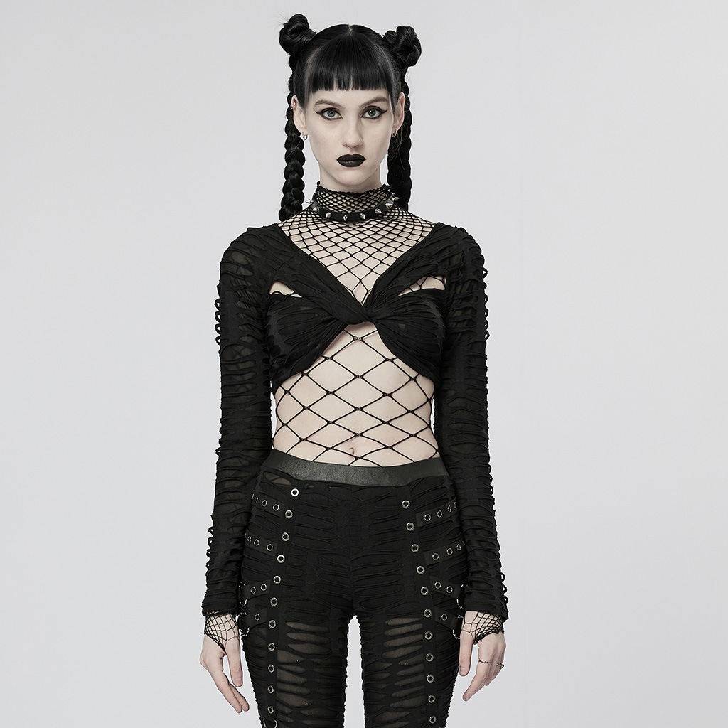 glareshop 쥢åסFTXA098-B å ϥͥå å ܥǥ ȥåץ åȥ  ǥ | 奢 V ⡼ɷ ץ ơ   [PUNK RAVE] Gothic One-Piece Mesh Long Sleeve T-Shirt