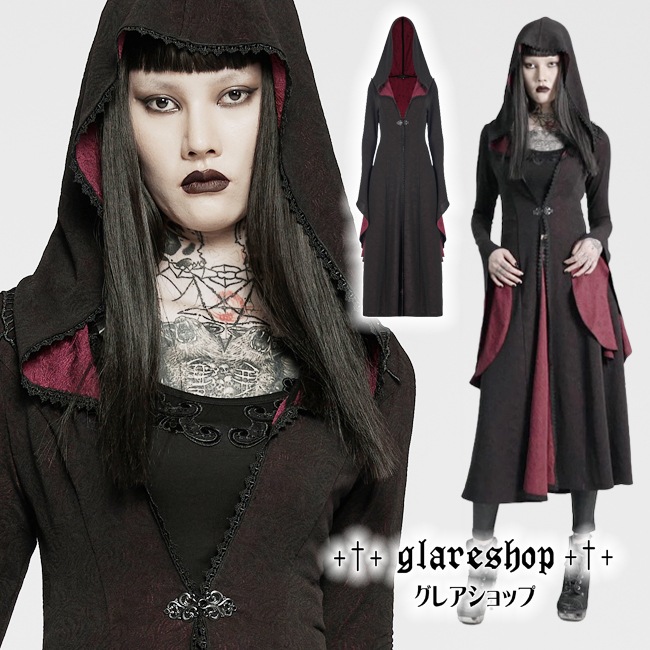 Glareshop グレアショップ 公式ストア Glareshop グレアショップ S L Xl 3xl 5xl Jx977 ゴスロリ ゴシック バラ柄袖 レースアップ フード付きコート 黒 赤 レディース ゴスロリ ゴシック パンク ロック ファッション スチームパンク ヴィジュアル系 V系 モード