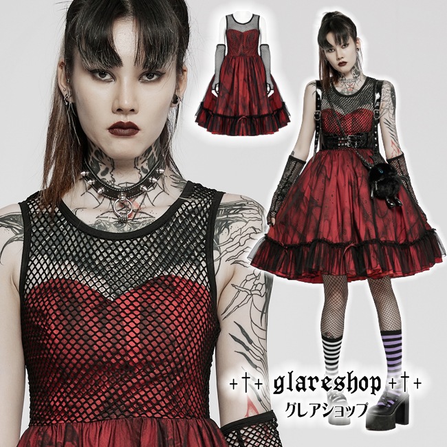Glareshop グレアショップ 公式ストア Glareshop グレアショップ Xs 4xl Wx736 ゴスロリ ゴシックアームウォーマー付 異素材ワンピース ダークロリータドレス 赤 黒 レディース ゴスロリ ゴシック パンク ロック ファッション ヴィジュアル系 V系 モード系