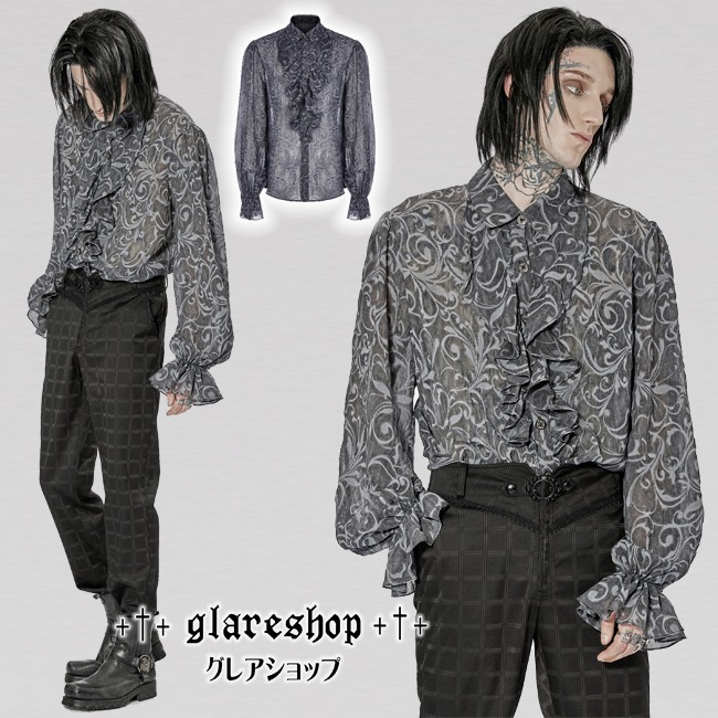 glareshop ���쥢����åס�M.S-M.5XL��TXA057-GY�������å� �����ͥ��ե���ե��֥饦�� ���쥬��ȥ������롼����� ���졼 ��� | �������奢��� V�� �⡼�ɷ� �����ץ� ���ơ��� ���� �� [PUNK RAVE] Vintage Gothic Embossed Pattern Long Sleeve Shirt