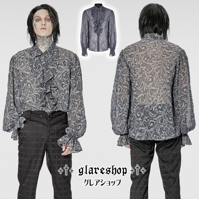 glareshop ���쥢����åס�M.S-M.5XL��TXA057-GY�������å� �����ͥ��ե���ե��֥饦�� ���쥬��ȥ������롼����� ���졼 ��� | �������奢��� V�� �⡼�ɷ� �����ץ� ���ơ��� ���� �� [PUNK RAVE] Vintage Gothic Embossed Pattern Long Sleeve Shirt