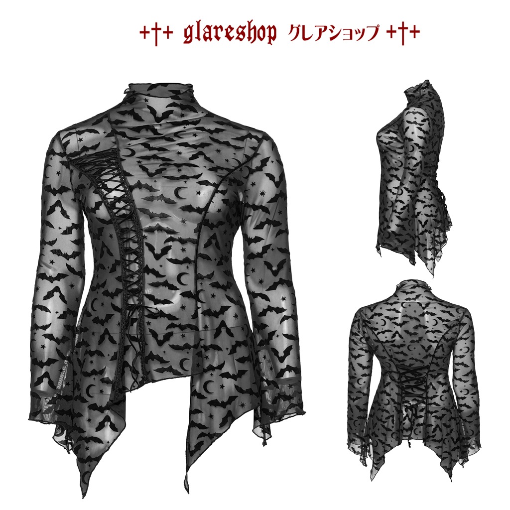 glareshop 쥢åסS/L/XL/3XL/5XLTXA165-B å Хåȥå奷롼ϥ顼ĹµT åȥ  ǥ |  奢 V ⡼ɷ ץ ơ   [PUNK RAVE] Bat mesh Long Sleeve basic T-Shirt