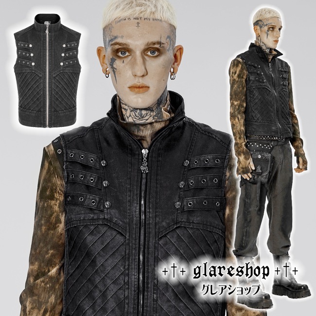 Glareshop グレアショップ 公式ストア Glareshop グレアショップ M S M 5xl Kx4 B ゴスロリ パンク ロック ミリタリー 退廃風 ダメージ加工 個性的 ベスト 黒 メンズ ゴスロリ ゴシック パンク ロック ファッション スチームパンク ヴィジュアル系 V系