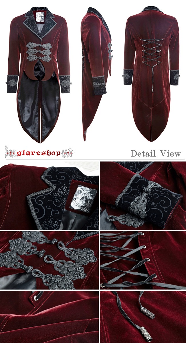 glareshop 쥢åסM.S-M.4XLJX285-Rå 㥱å ߥɥ   եͥ  å ֡߹  |  եޥ 奢 V ץ ơ   [PUNK RAVE] Gothic Velvet Tailcoat
