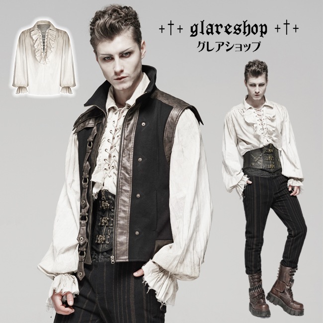 glareshop 쥢åסM.M/M.XL/M.3XLTX584-W ѥ ѥ졼ĥ֥饦 ±  եۥ磻ȡߥ١  | 奢 V ⡼ɷ ץ ơ   [PUNK RAVE] Iovry Steampunk Long Sleeve Shirt