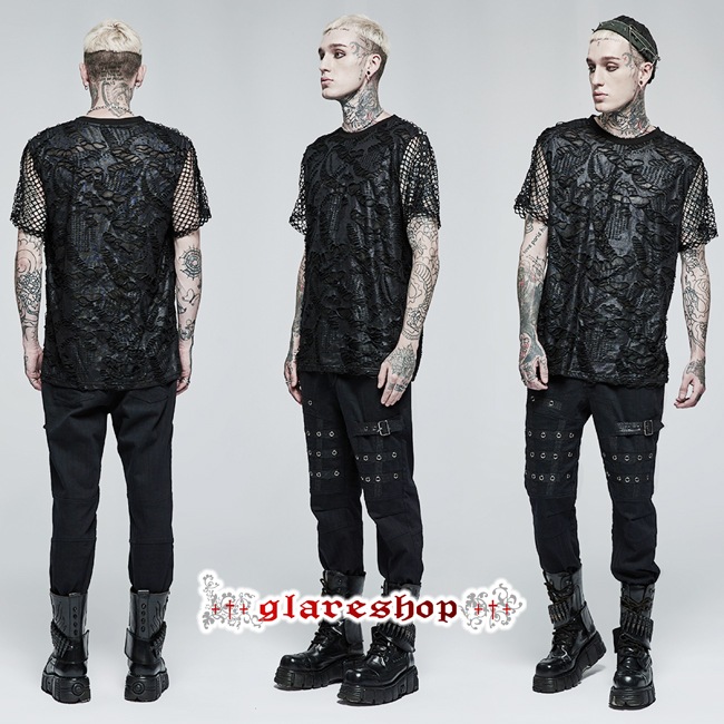 glareshop 쥢åסM.M/M.XL/M.3XLTX1006-B ѥ ᡼ Ǻ Ⱦµ T   | ѥ 奢 V ⡼ɷ ץ ơ   [PUNK RAVE]  Gothic Knitted Broken Holes Short Sleeve T-Shirt