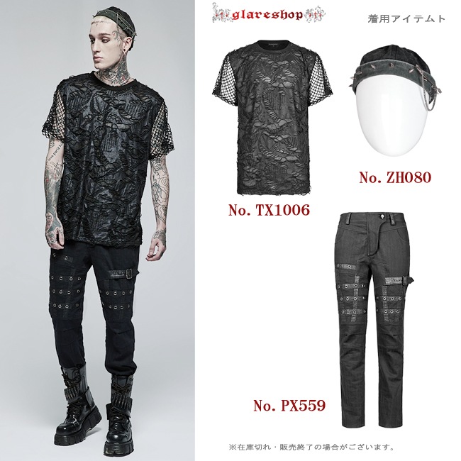 glareshop 쥢åסM.M/M.XL/M.3XLTX1006-B ѥ ᡼ Ǻ Ⱦµ T   | ѥ 奢 V ⡼ɷ ץ ơ   [PUNK RAVE]  Gothic Knitted Broken Holes Short Sleeve T-Shirt