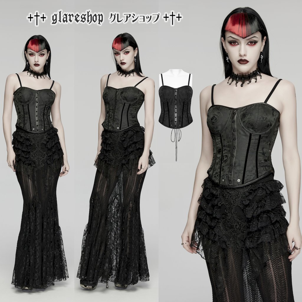 glareshop ���쥢����åס�S/L/2XL��KX695-B�������å����������㥫���ɥ��륻�åȥȥå� �� �֥�å� ��ǥ����� | �������奢��� V�� �����ץ� ���ơ��� [PUNK RAVE] Gothic Rose Jacquard Corset Top
