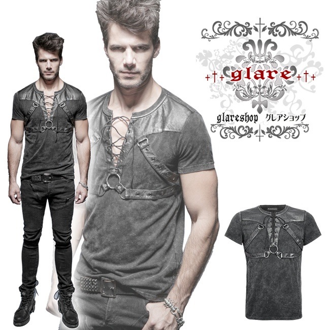 Glareshop グレアショップ 公式ストア Glareshop グレアショップ M S M 5xl Tx387 ゴスロリ ダメージ加工 編み上げ ベルト付き 半袖 Tシャツ トップス 黒 メンズ ゴスロリ ゴシック パンク ロック ファッション スチームパンク ヴィジュアル系 V系 モード系