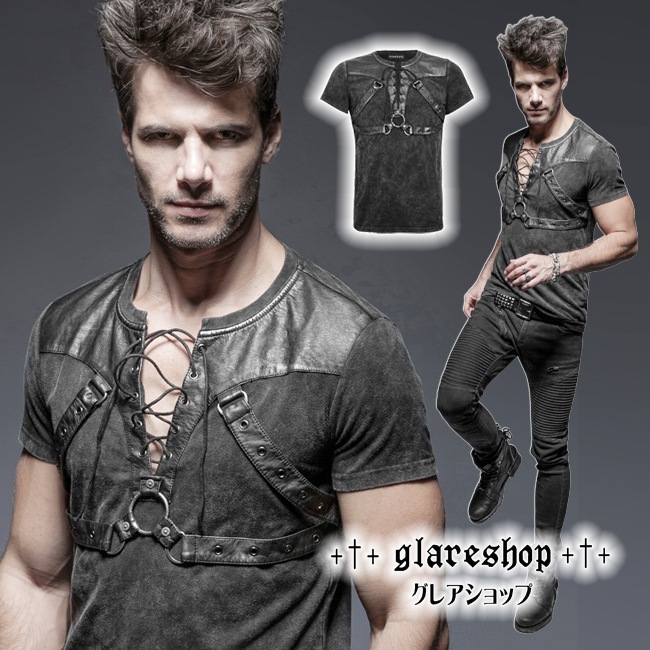 glareshop ���쥢����åס�M.S-M.5XL��TX387-B���������� �ѥ� �졼�����å� �٥���դ� ���Ǻ� Ⱦµ T����� �ȥåץ� �� ��� | ��������ѥ� �������奢��� V�� �⡼�ɷ� �����ץ� ���ơ��� ���� �� [PUNK RAVE] Punk Soilder Short T-Shirt