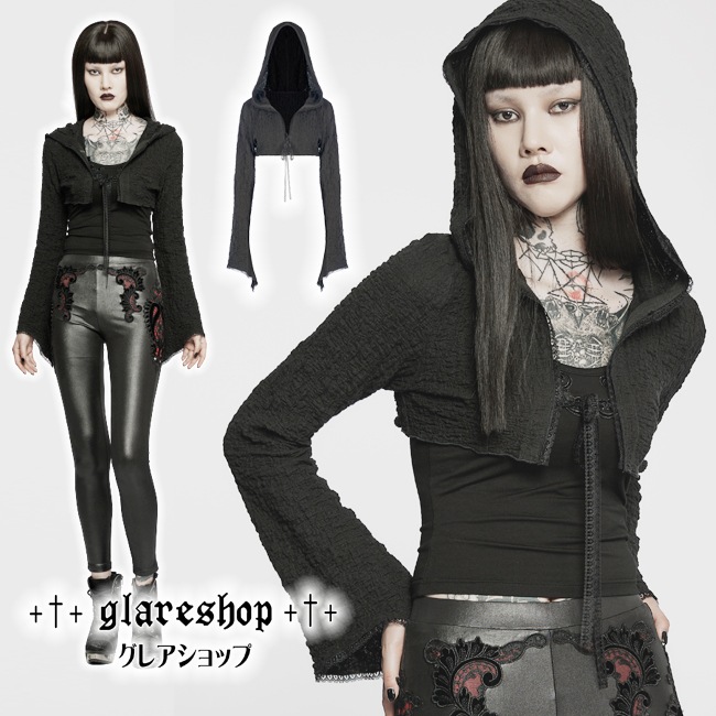 Glareshop グレアショップ 公式ストア Glareshop グレアショップ S L 2xl Jx798 B ゴスロリ ゴシック フード付き ショート丈 ジャケット レース装飾 ニット ポレロ 黒 レディース ゴスロリ ゴシック パンク ロック ファッション ヴィジュアル系 V系 モード系