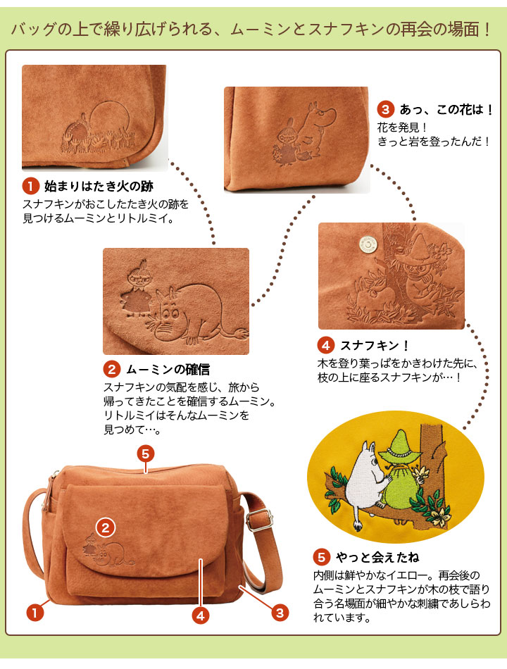 ムーミンMOOMINおかえりスナフキンレザーバッグ型押し刺繍 ムーミンMOOMINおかえりスナフキンレザーバッグ型押し刺繍