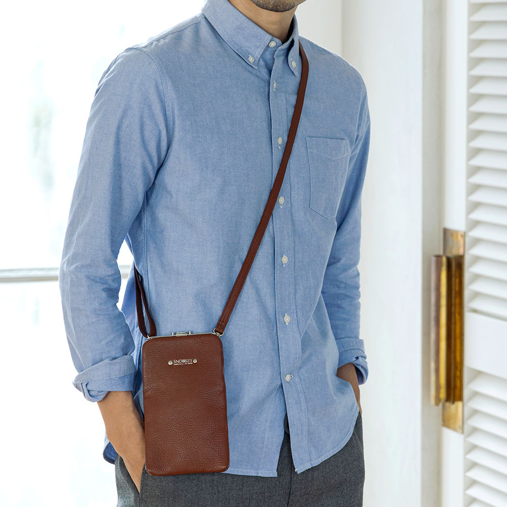 ワンプッシュスマホショルダー スマホポーチ ミニショルダー 革 ゴート