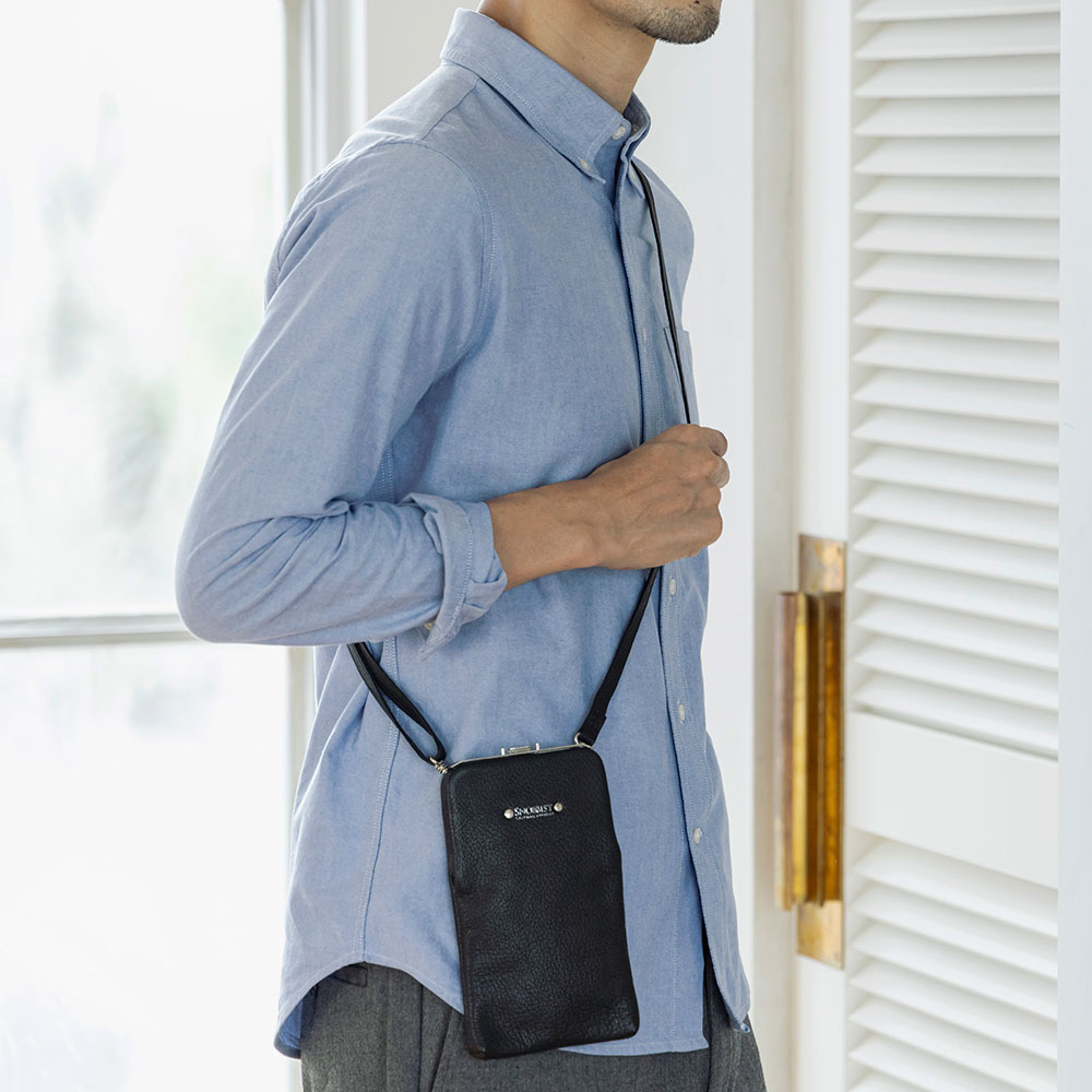 ワンプッシュスマホショルダー スマホポーチ ミニショルダー 革 ゴート