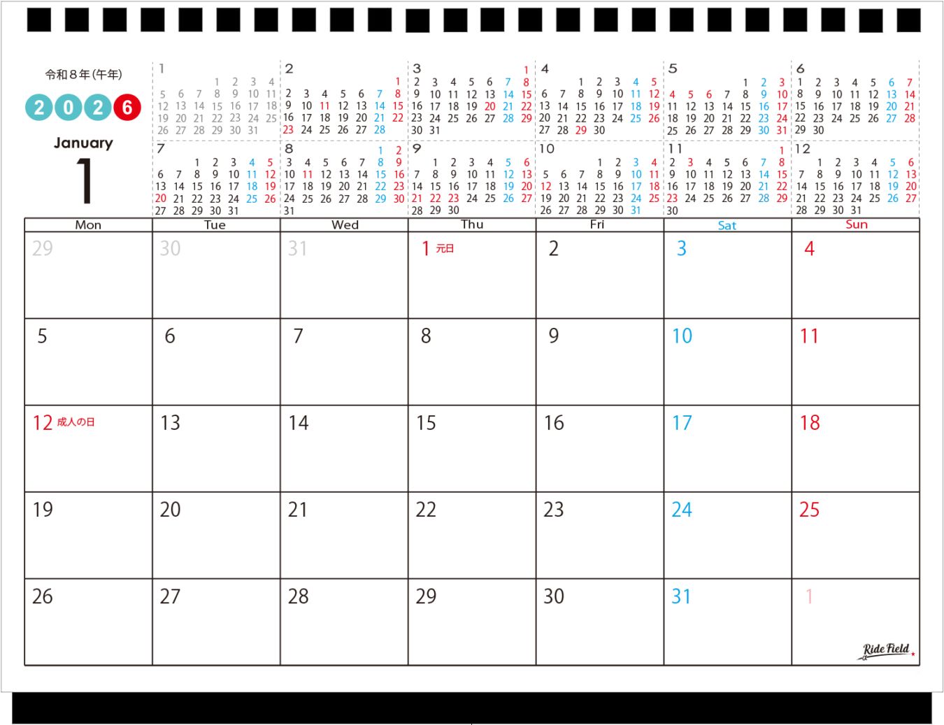 RIDE-FiELD 卓上カレンダー 2026年 月曜日 始まり ライドフィールド