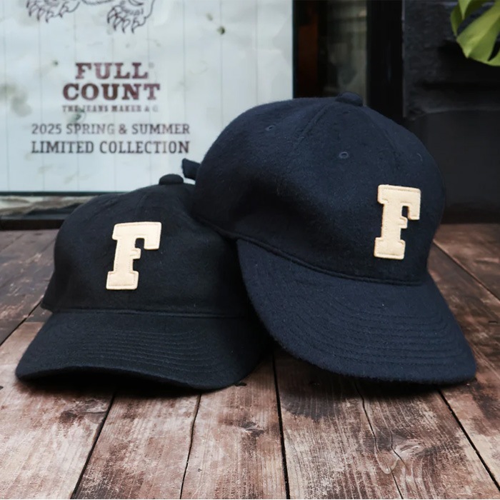 2025FW FULLCOUNT �ե륫����� [ 6843-25 ]  6 Panel Wool Melton Baseball Cap F Patch ����2���� Made in Japan �ե륫����� 6�ѥͥ� ��������ȥ� �١����ܡ��륭��å� �����륭��å�  �֥�å� �ͥ��ӡ� �� �� ���������ǥ� �ե���� �ե����FULL COUNT