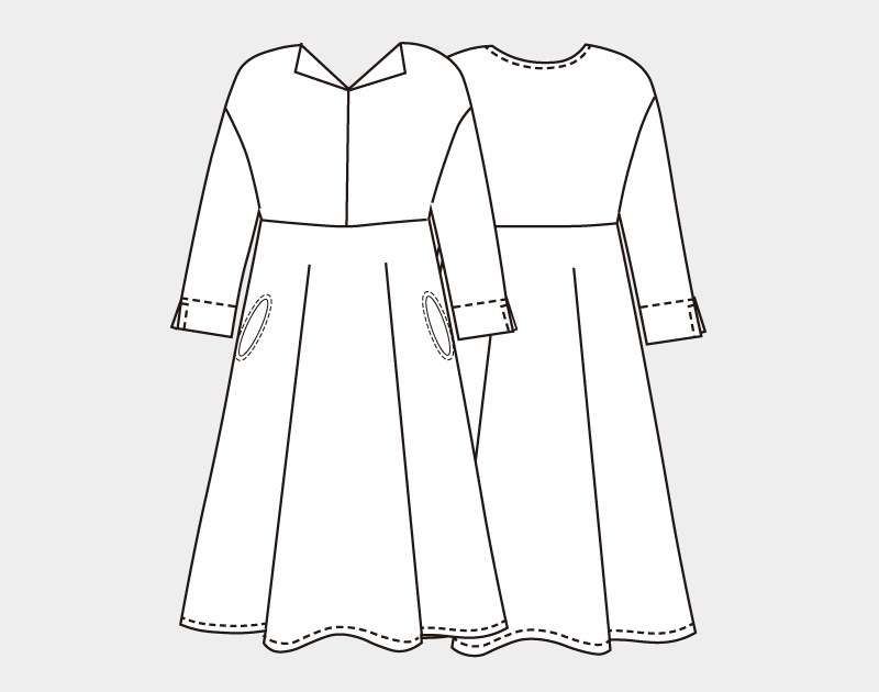 実物大型紙【No.64】変わり見返し衿のフレアーワンピース(SML