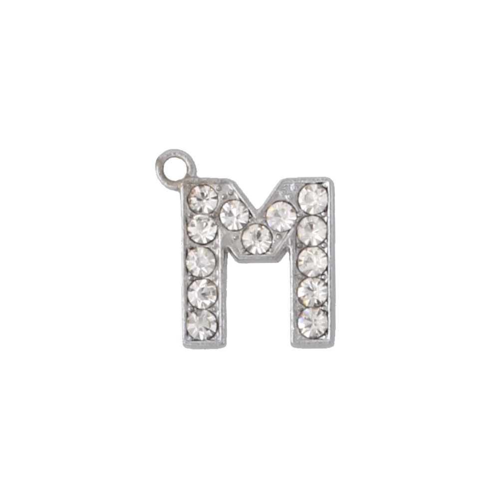 アルファベットラインストーンチャーム PE128 クローム （M）本体のみ/カニカンフック付き