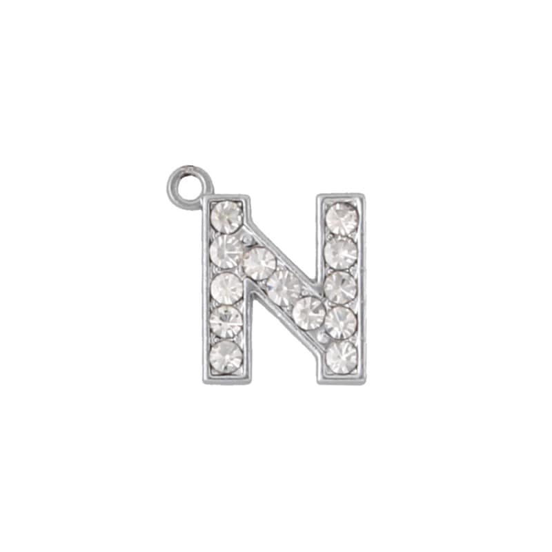 アルファベットラインストーンチャーム PE128 クローム （N）本体のみ/カニカンフック付き