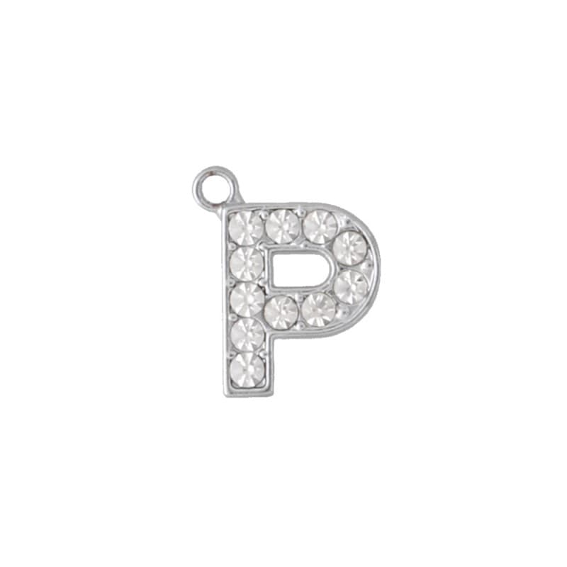 アルファベットラインストーンチャーム PE128 クローム （P）本体のみ/カニカンフック付き