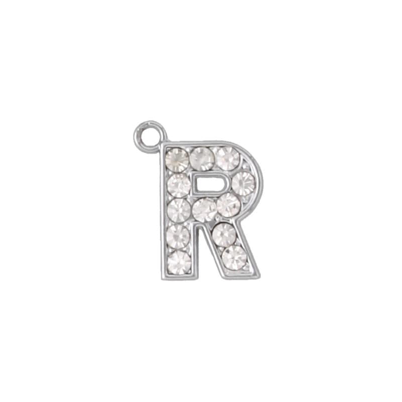 アルファベットラインストーンチャーム PE128 クローム （R）本体のみ/カニカンフック付き