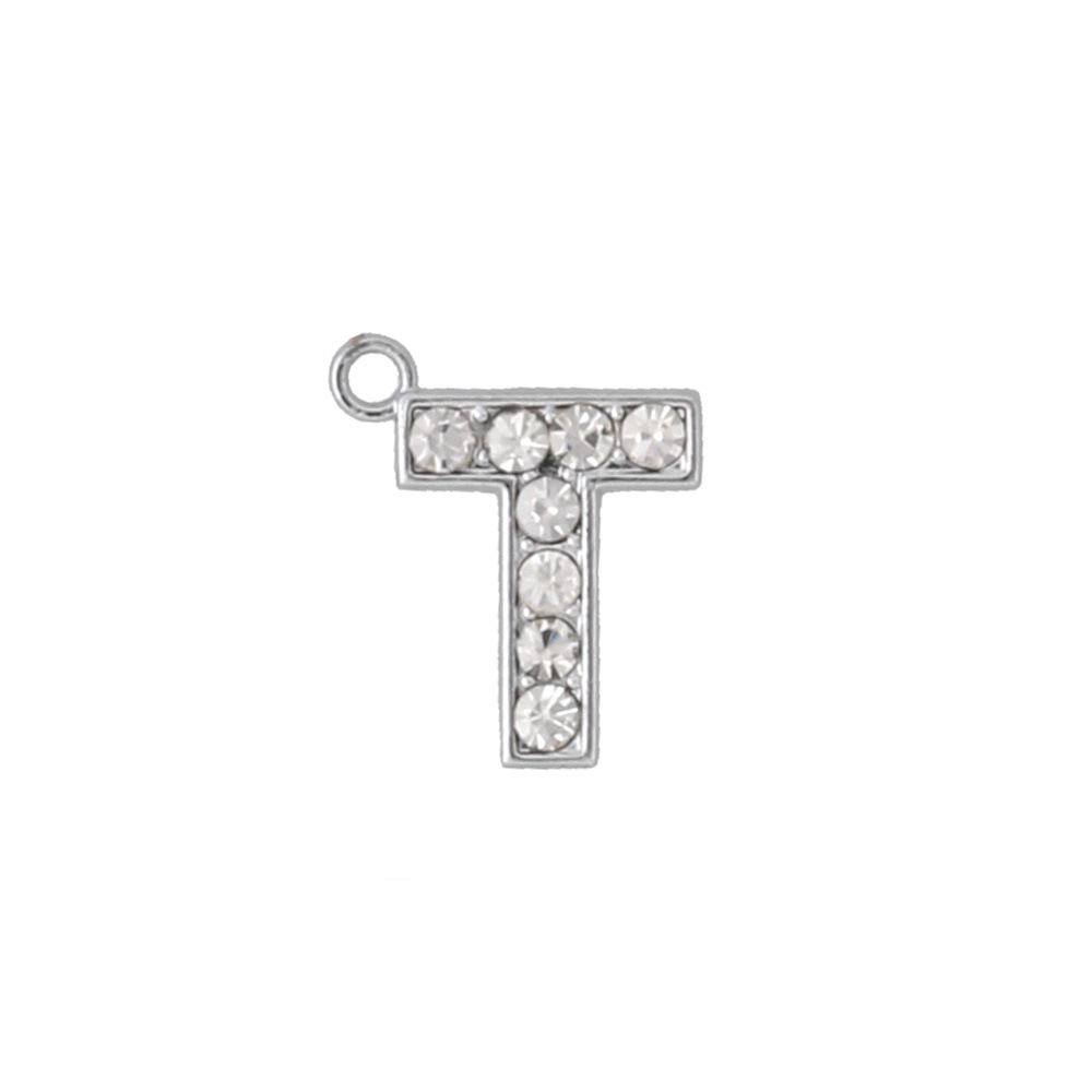 アルファベットラインストーンチャーム PE128 クローム （T）本体のみ/カニカンフック付き