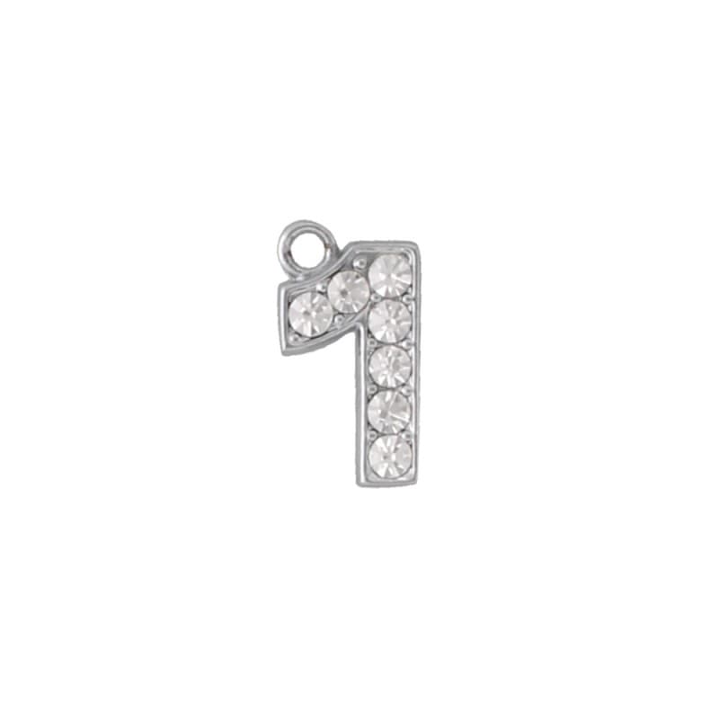 アルファベットラインストーンチャーム PE128 クローム （1：数字）本体のみ/カニカンフック付き